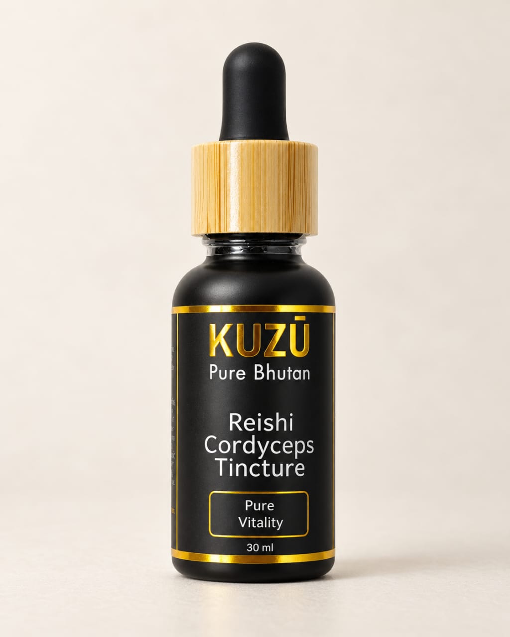 KUZŪ Reishi Cordyceps tincture, 30 ml bottle on a warm neutral background
